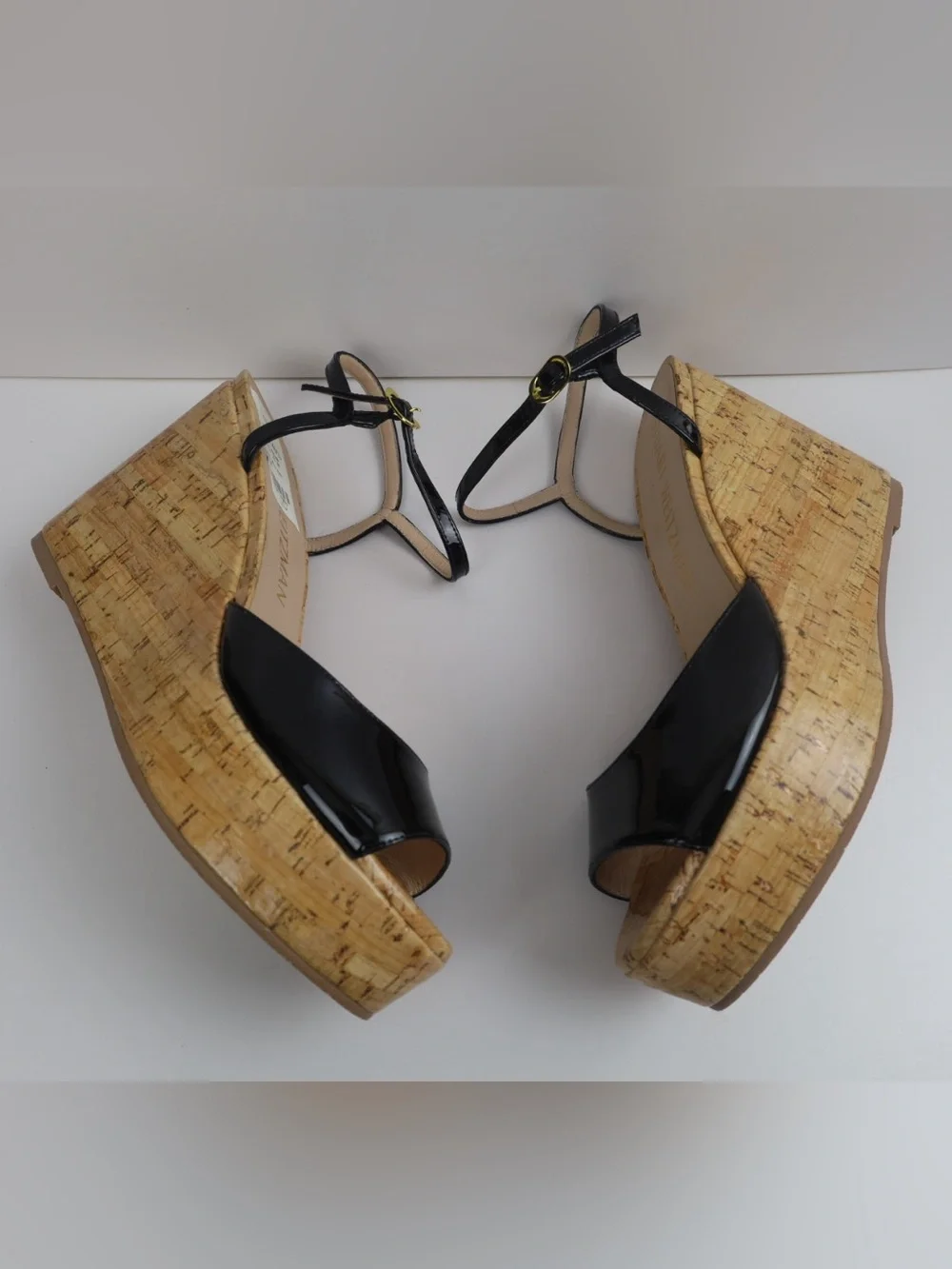 Stuart Weitzman Palmina Black Patent Leather Cork Wedge Sandal- 10- 0513